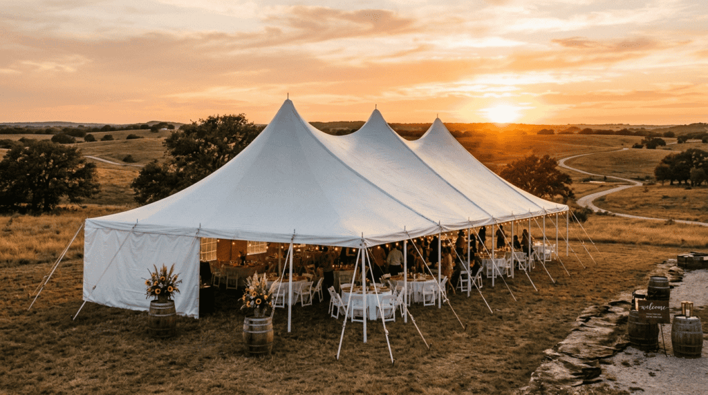 High peak pole tent rental at sunset with wedding reception setup in a Texas ranch field — Boot & Barrel Event Co. serving Cleburne and Johnson County
