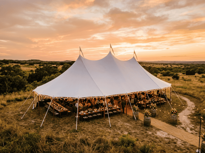 20x30 high peak pole tent rental at golden hour with rustic wedding setup, barrel decor, and string lights in a Texas pasture — Boot & Barrel Event Co.