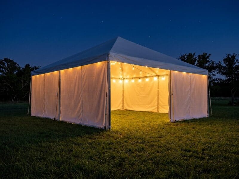 20x20 premium frame tent rental in Alvarado TX with full sidewalls and warm string lights glowing at night on a Texas ranch