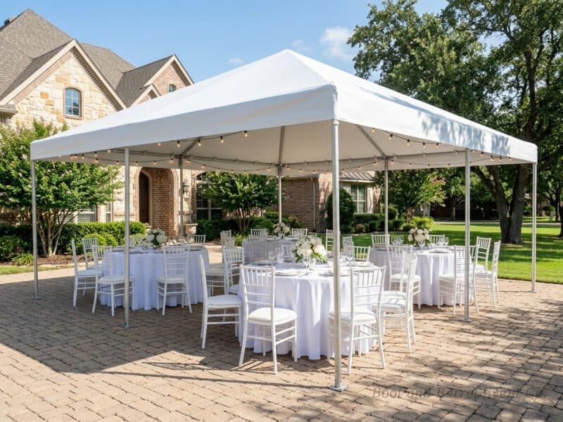 20x20 premium frame tent rental in Granbury TX with white Chiavari chairs round tables and string lights set up on a brick patio for an outdoor reception