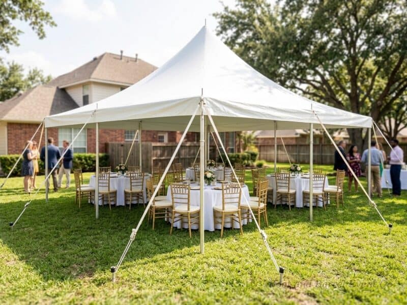 20x20 high peak pole tent rental in Burleson TX with gold Chiavari chairs and round tables set for an outdoor reception