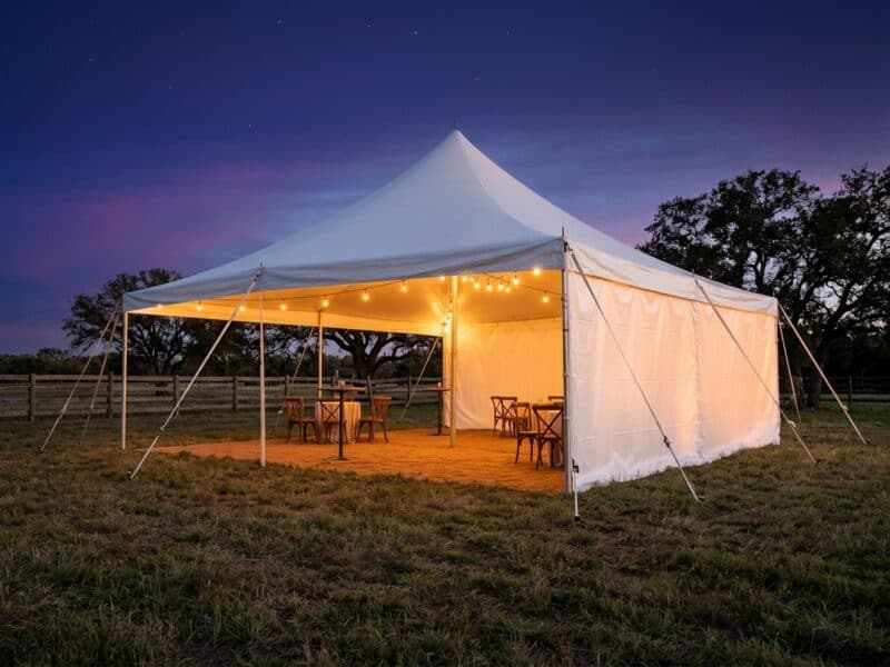 20x20 high peak pole tent rental in Godley TX lit with string lights at dusk with sidewalls and cross-back chairs on a ranch property