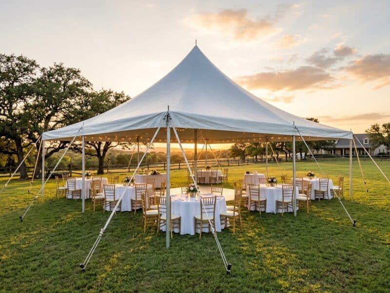 20x20 high peak pole tent rental in Midlothian TX with gold Chiavari chairs round tables and a dance floor set up on a ranch at golden hour