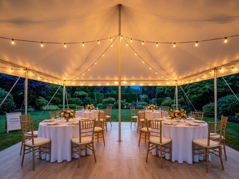 Interior view of a 20x20 high peak pole tent rental in Alvarado TX with a dance floor gold Chiavari chairs and string lights at night