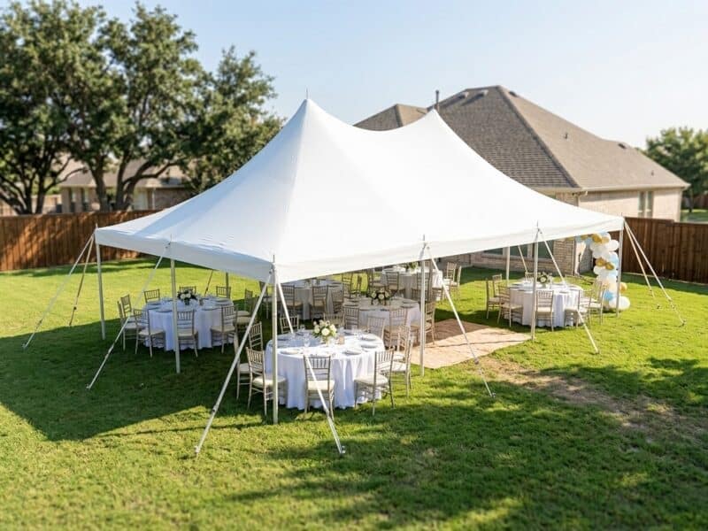 Aerial view of a 20x30 high peak pole tent rental in Joshua TX with gold Chiavari chairs round tables and a balloon arch in a backyard