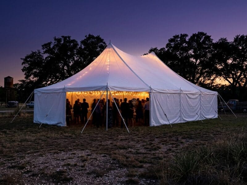 20x30 high peak pole tent rental in Granbury TX with party guests silhouetted inside a glowing tent at dusk on a Texas ranch