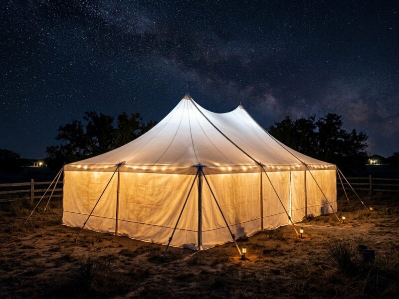20x30 high peak pole tent rental in Weatherford TX with full sidewalls glowing under a milky way sky at night on a ranch