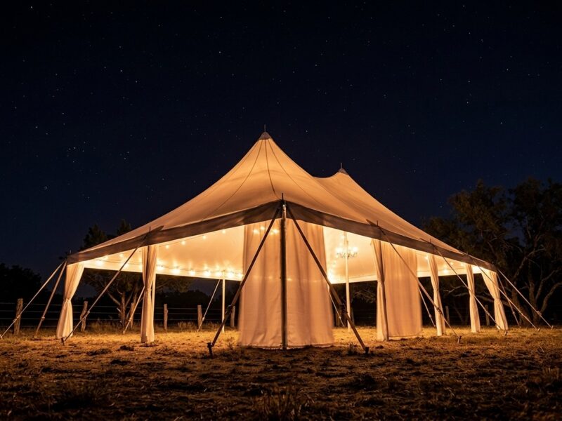 20x30 high peak pole tent rental in Midlothian TX glowing at night with string lights and a chandelier on a Texas ranch property