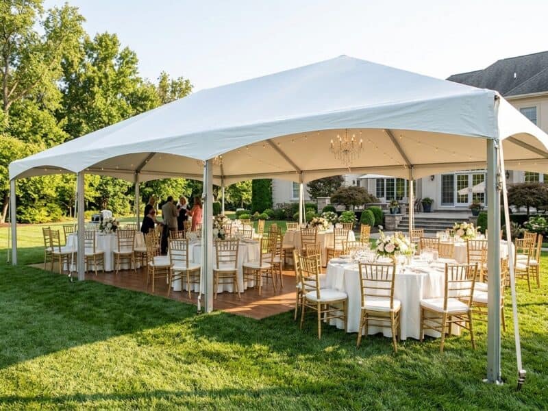 20x40 premium frame tent rental in Benbrook TX with open sides gold Chiavari chairs a wood dance floor and chandelier in a residential backyard
