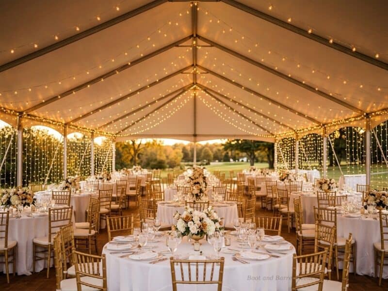 Interior view of a 20x40 premium frame tent rental in Glen Rose TX with string lights gold Chiavari chairs floral centerpieces and clear sidewalls at sunset