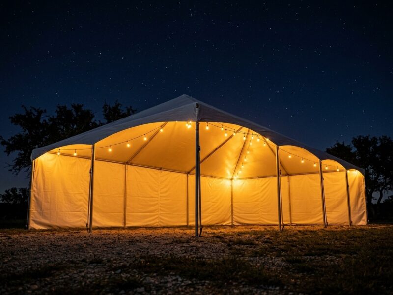 20x40 premium frame tent rental in Grandview TX with open sides and warm string lights glowing under a starry Texas night sky on a ranch