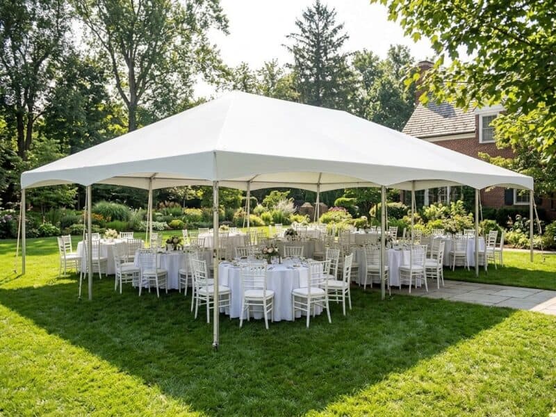 Aerial view of a 20x40 premium frame tent rental in Mansfield TX with farm tables and cross-back chairs set for a fall outdoor reception