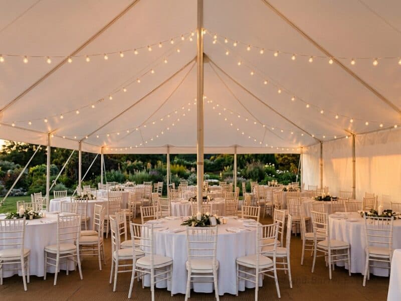 Interior view of a 20x40 high peak pole tent rental in Crowley TX with string lights draped overhead and white Chiavari chairs set for a wedding reception