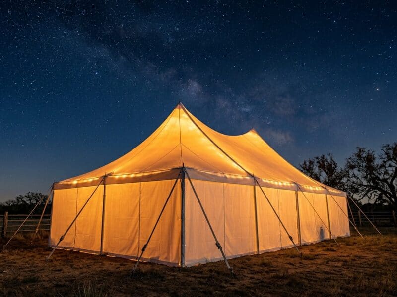20x40 high peak pole tent rental in Fort Worth TX glowing at night with full sidewalls and string lights under a milky way sky on a Texas ranch