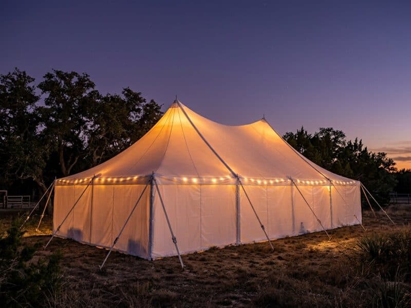 20x40 high peak pole tent rental in Burleson TX with full sidewalls and string lights glowing at dusk on a Texas ranch property