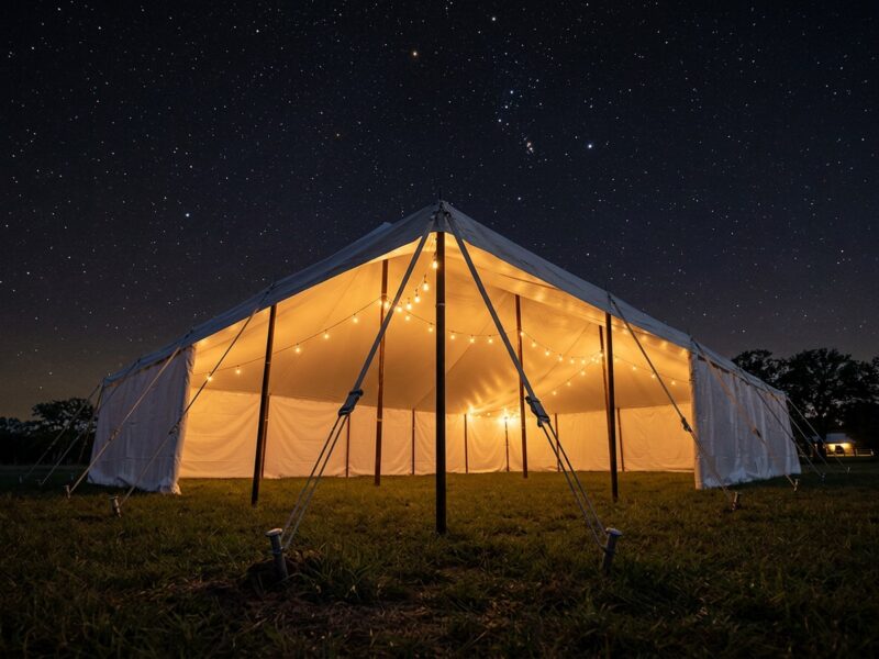 30x60 WIND pole tent glowing at night under a starry Texas sky with string lights inside — Boot & Barrel Event Co. Godley TX