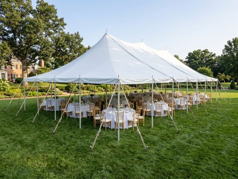 30x60 WIND pole tent open sides with round tables and chiavari chairs set for a wedding reception on a manicured lawn — Boot & Barrel Event Co. Cleburne TX
