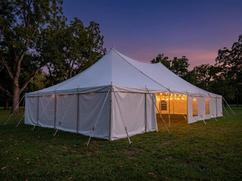 40x60 WIND pole tent fully enclosed with string lights glowing at dusk under pecan trees — Boot & Barrel Event Co. Alvarado TX