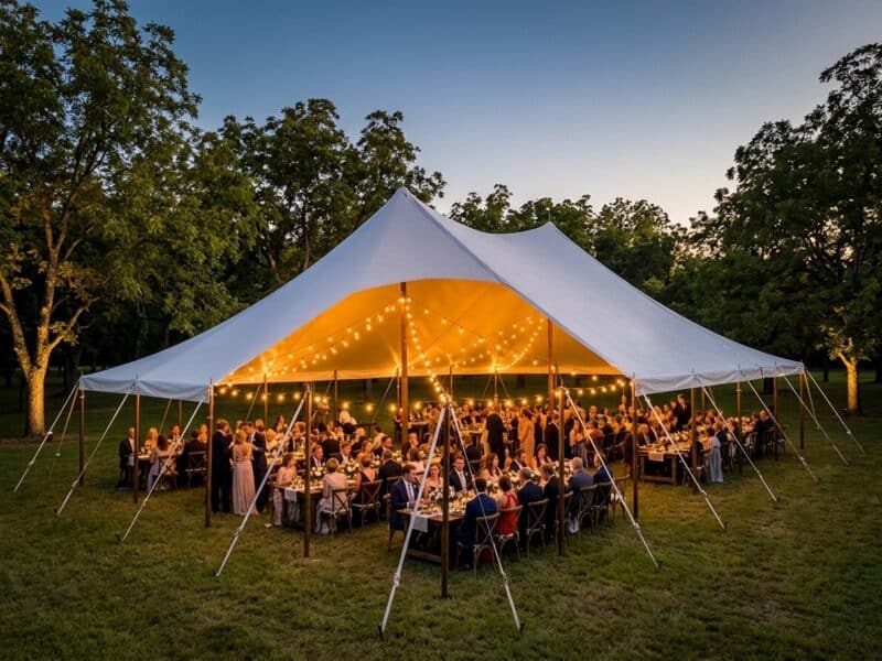 40x60 WIND pole tent open sides with wedding guests dining at dusk in a North Texas pecan grove with string lights — Boot & Barrel Event Co. Crowley TX