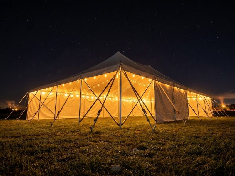 40x60 WIND pole tent glowing at night under a starry Texas sky with string lights inside — Boot & Barrel Event Co. Benbrook TX