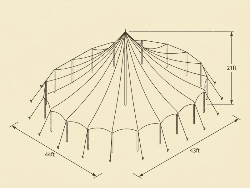 44x43 sailcloth pole tent diagram showing oval footprint, one center pole and 21ft peak height — Boot & Barrel Event Co. Cleburne TX