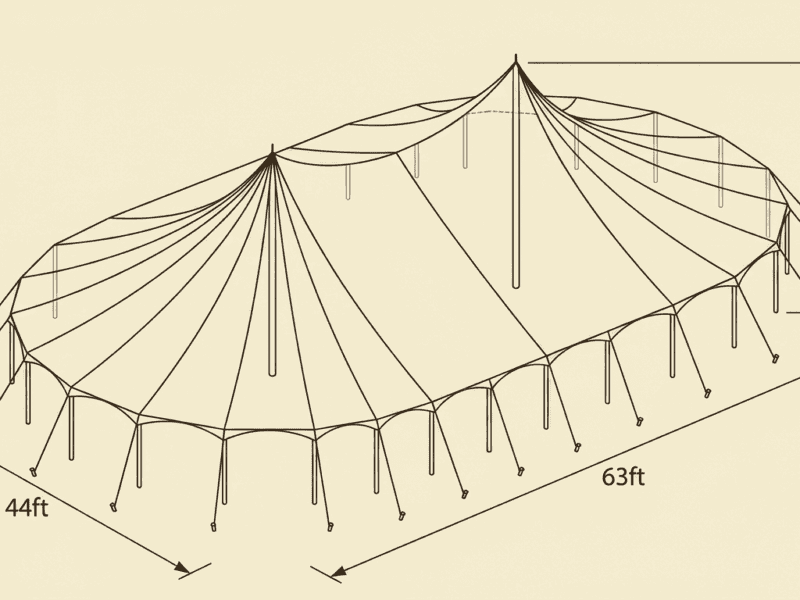 44x63 sailcloth pole tent diagram showing elongated oval footprint, two center poles and 21ft peak height — Boot & Barrel Event Co. Cleburne TX