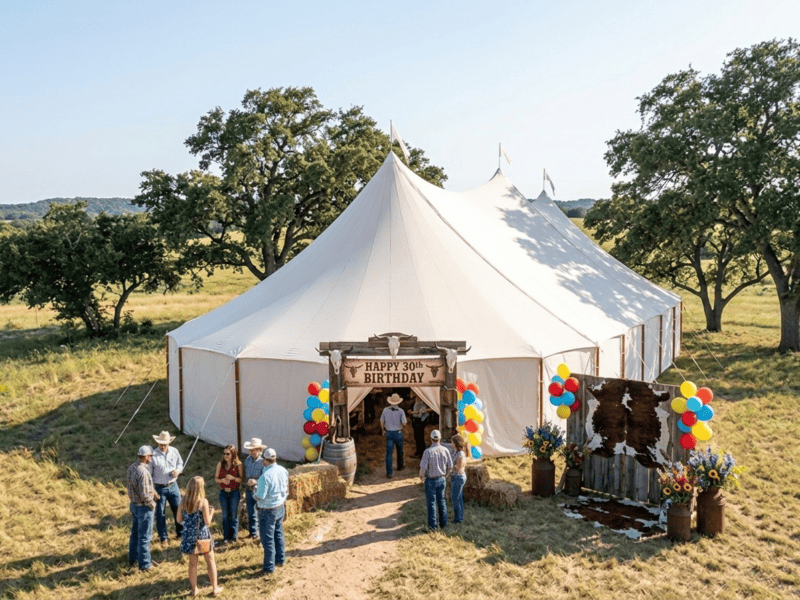 Sailcloth tent with three peaks at rustic western birthday party near Alvarado TX, cowboy hats, barrel arch entrance, Boot & Barrel Event Co.