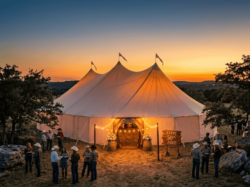Three-peak sailcloth tent at outdoor birthday party near Granbury TX, lit barrel arch entrance, string lights, western guests, warm dusk sky, Boot & Barrel Event Co.