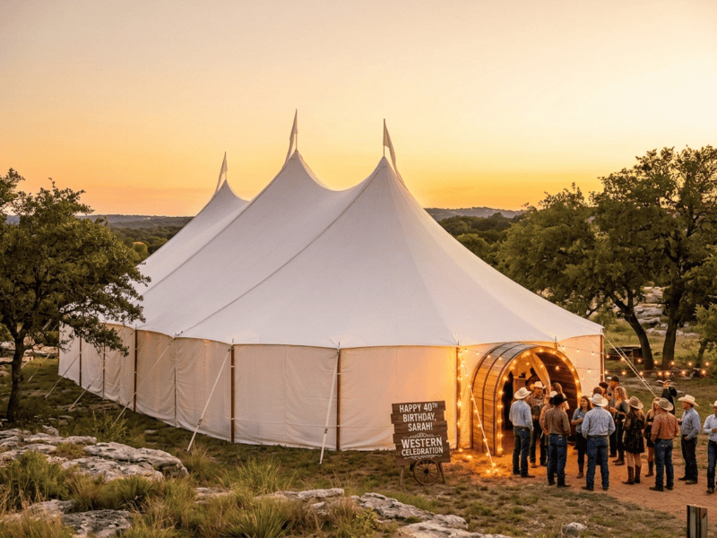 Large sailcloth tent with three peaks at western birthday party near Cresson TX, barrel arch with string lights, cowboy hats, golden sunset sky, Boot & Barrel Event Co.