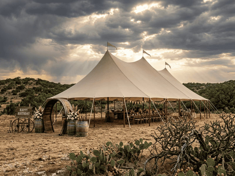 Three-peak sailcloth tent at western birthday party near Rio Vista TX, barrel arch entrance, prickly pear cactus, dramatic sun rays through storm clouds, rocky Texas terrain, Boot & Barrel Event Co.
