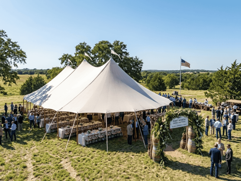 Three-peak sailcloth tent at outdoor corporate leadership event near Fort Worth TX, barrel arch entrance, American flag, professional guests, Boot & Barrel Event Co.