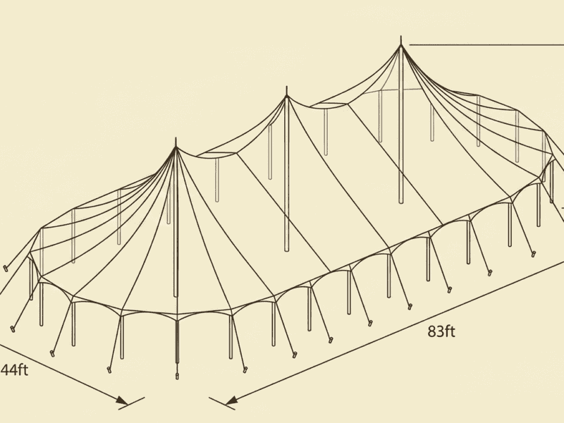 44x83 sailcloth pole tent diagram showing long oval footprint, three center poles and 24ft peak height — Boot & Barrel Event Co. Cleburne TX