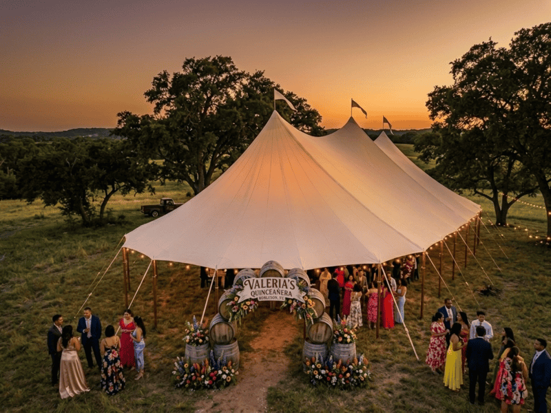 Three-peak sailcloth tent at quinceañera celebration near Burleson TX, aerial view at dusk, barrel arch with floral sign, colorful formal dresses, orange sunset sky, Boot & Barrel Event Co.