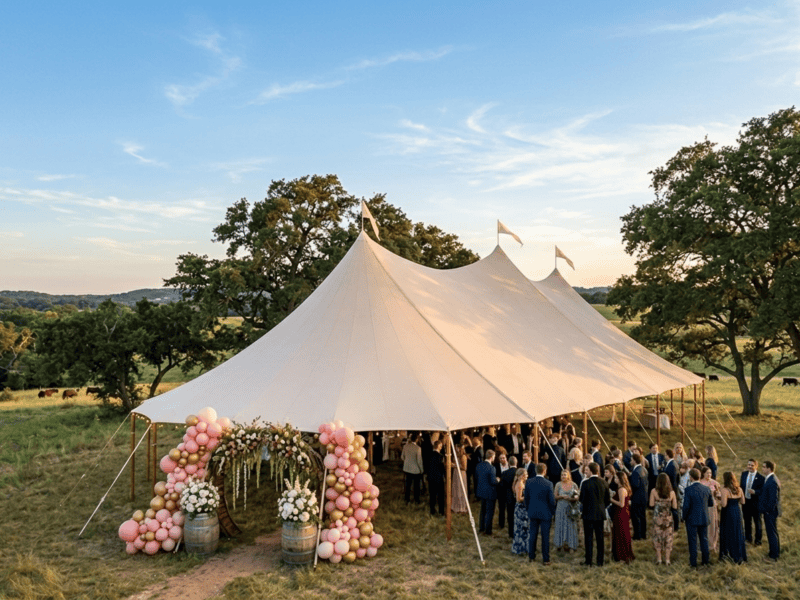 Three-peak sailcloth tent at outdoor quinceañera celebration near Godley TX, pink and gold balloon arch on wine barrels, guests, golden hour, Boot & Barrel Event Co.