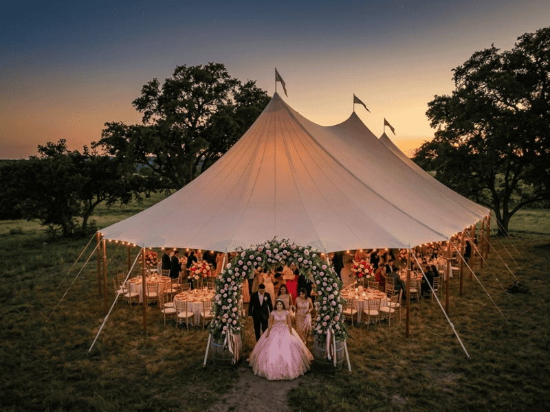 Large three-peak sailcloth tent at outdoor quinceañera reception at dusk near Weatherford TX, pink gown, floral barrel arch entrance, Boot & Barrel Event Co.