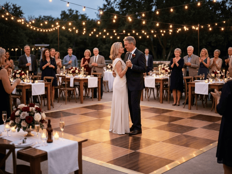 Chestnut fruitwood dance floor rental at outdoor Texas anniversary party with elegant couple slow dancing and rose centerpieces — Boot & Barrel Event Co. Cresson TX