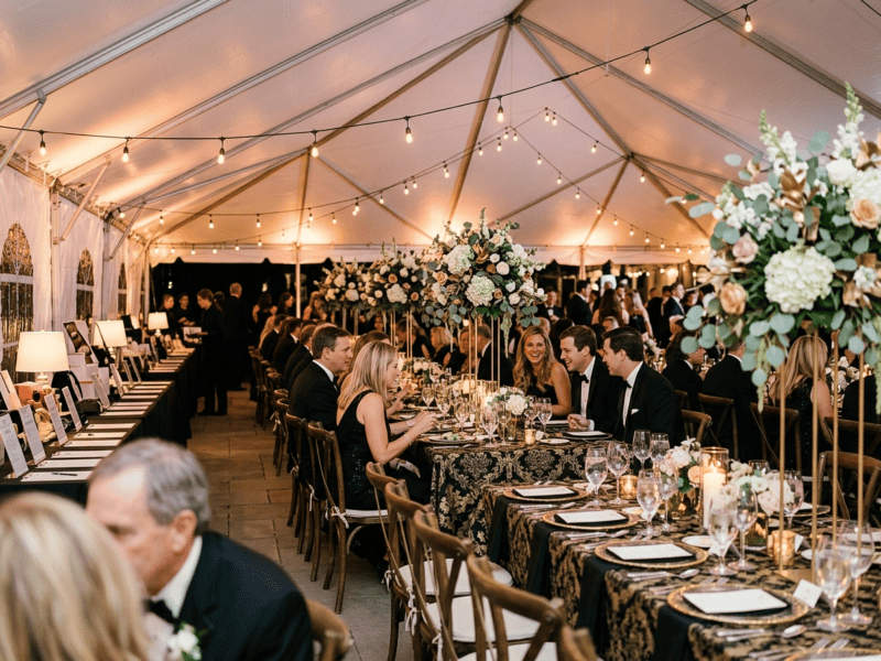 8 foot x 30 inch birchwood banquet table with black linen at elegant black tie art event under tent at night in Joshua Texas