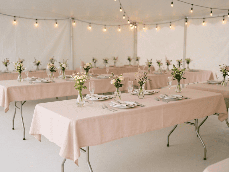 8 foot x 30 inch birchwood banquet table with blush pink linen for bridal shower under tent in Midlothian Texas