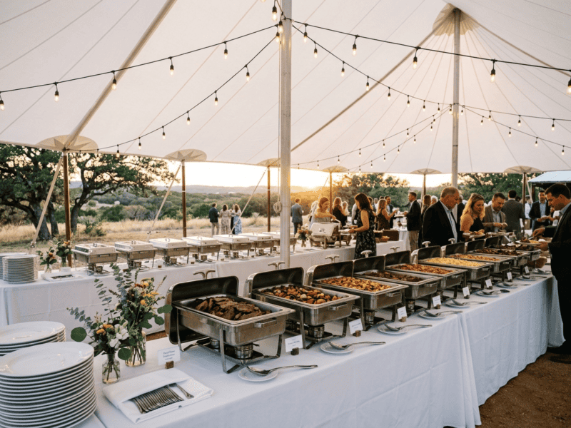 8 foot x 30 inch birchwood banquet table with white linen set up as buffet line under tent in Granbury Texas