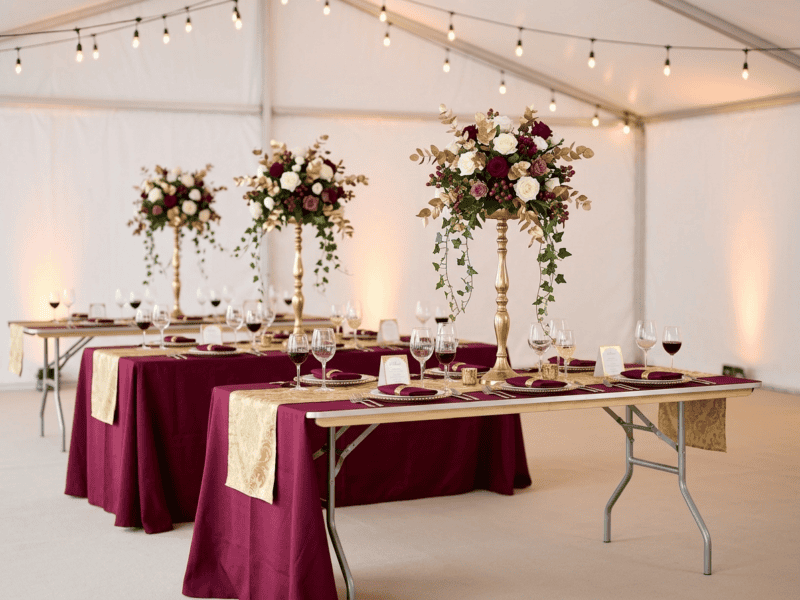 8 foot x 30 inch birchwood banquet table with burgundy and gold linens for formal gala under tent in Weatherford Texas
