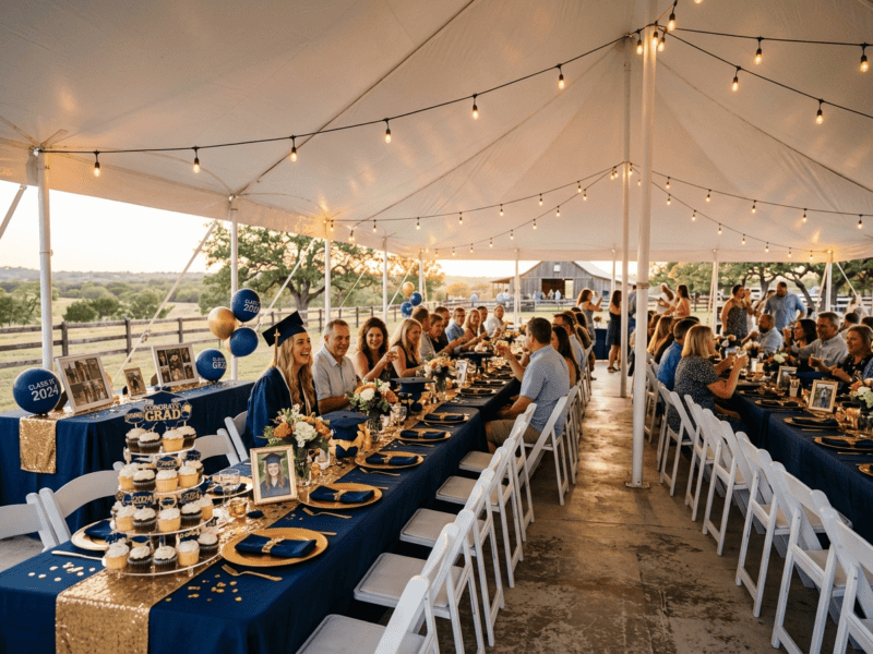 8 foot x 30 inch birchwood banquet table with navy and gold linens for graduation party under tent at sunset in Glen Rose Texas