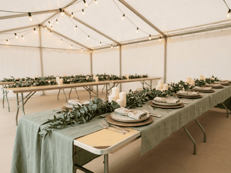 8 foot x 30 inch birchwood banquet table with sage green linen and greenery garland for boho event in Alvarado Texas