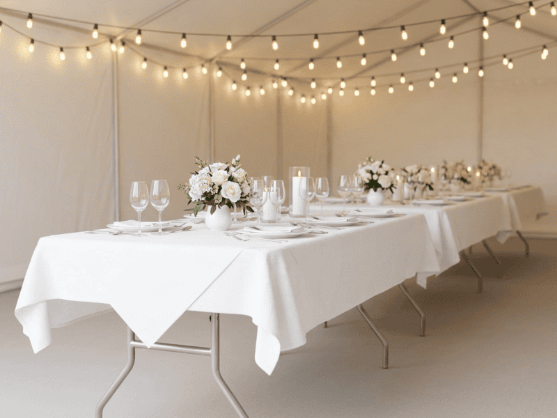 8 foot x 30 inch birchwood banquet table with white linen and floral centerpiece for wedding reception in Granbury Texas