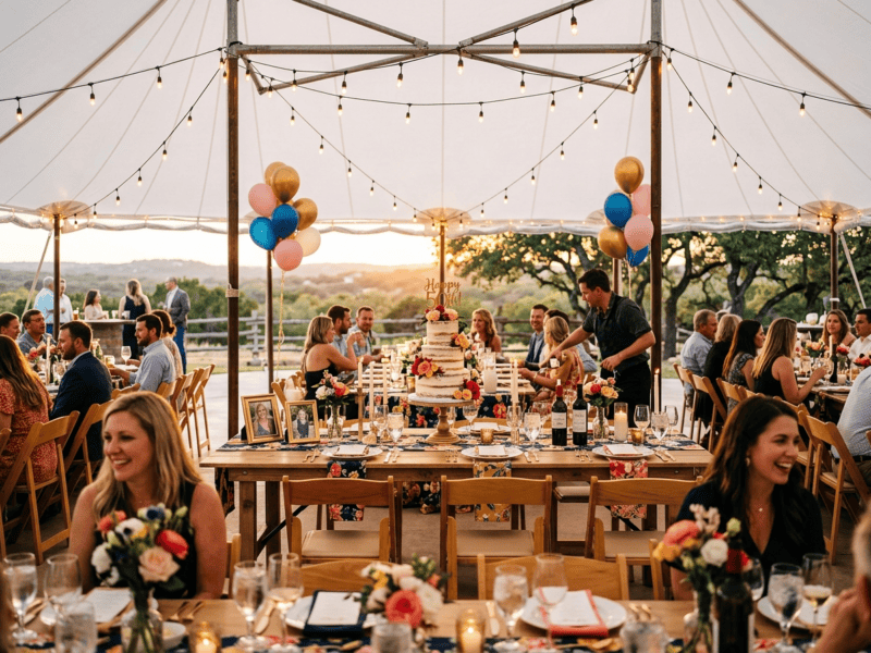 8 foot x 36 inch wide birchwood banquet table with colorful linens and balloons for 50th birthday party under tent in Burleson TX