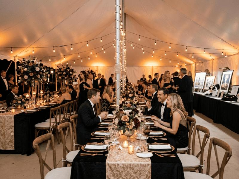 8 foot x 36 inch wide birchwood banquet table with black linen at elegant black tie art event under tent at night in Joshua Texas