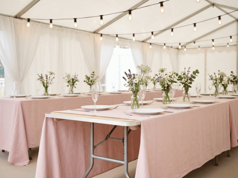 8 foot x 36 inch wide birchwood banquet table with blush pink linen for bridal shower under tent in Texas