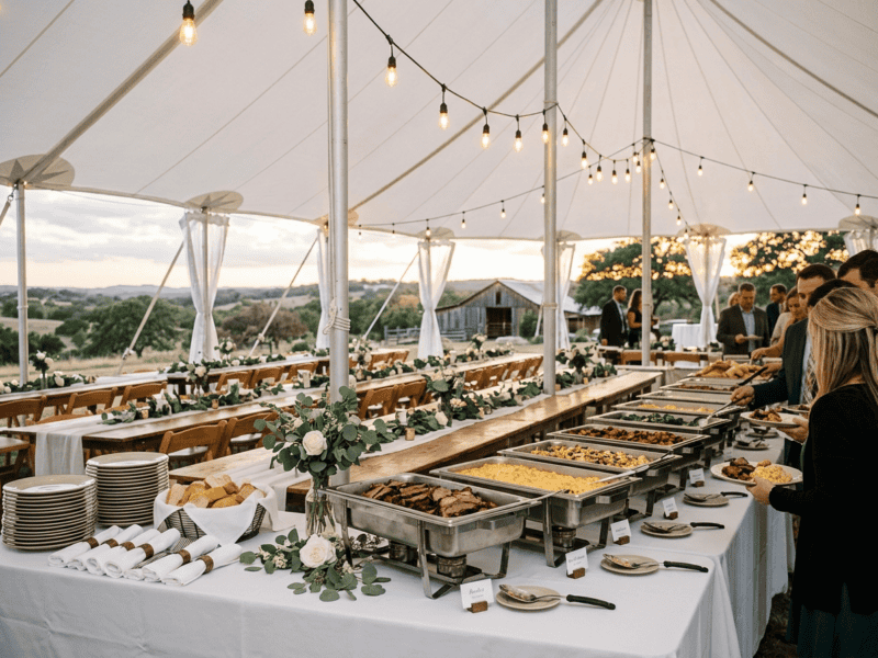8 foot x 36 inch wide birchwood banquet table with white linen set up as buffet line under tent in Granbury Texas
