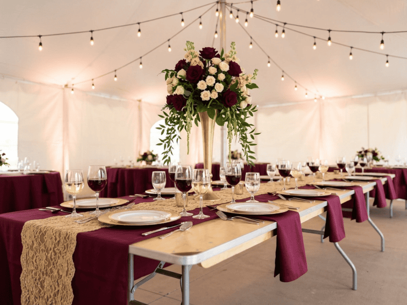 8 foot x 36 inch wide birchwood banquet table with burgundy and gold linens for formal gala under tent in Texas