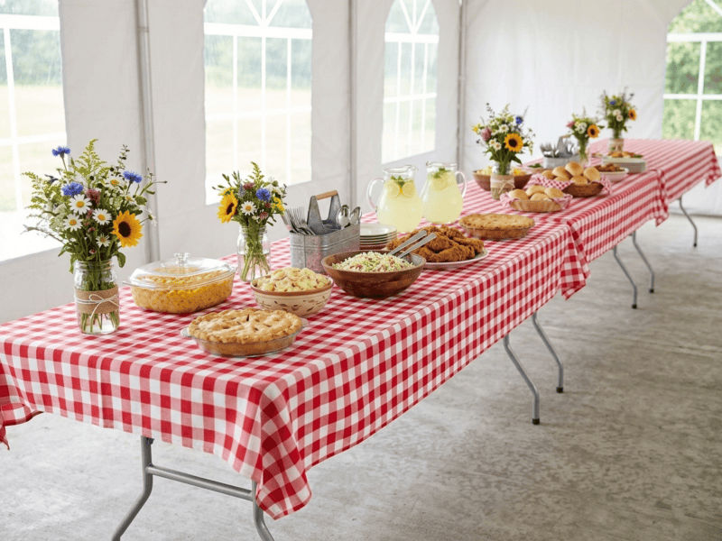8 foot x 36 inch wide birchwood banquet table with red checkered linen for casual family reunion under tent in Texas