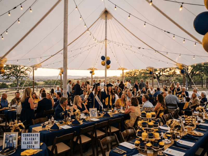 8 foot x 36 inch wide birchwood banquet table with navy and gold linens for graduation party under tent at sunset in Glen Rose Texas